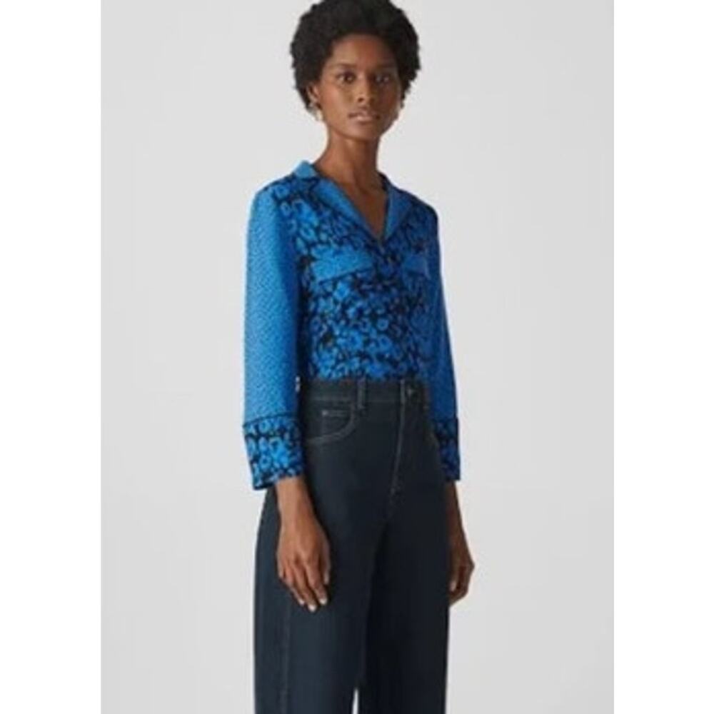 Whistles Jungle Cat Print Pajama Style Blouse Blue Black 3/4 Sleeve Large